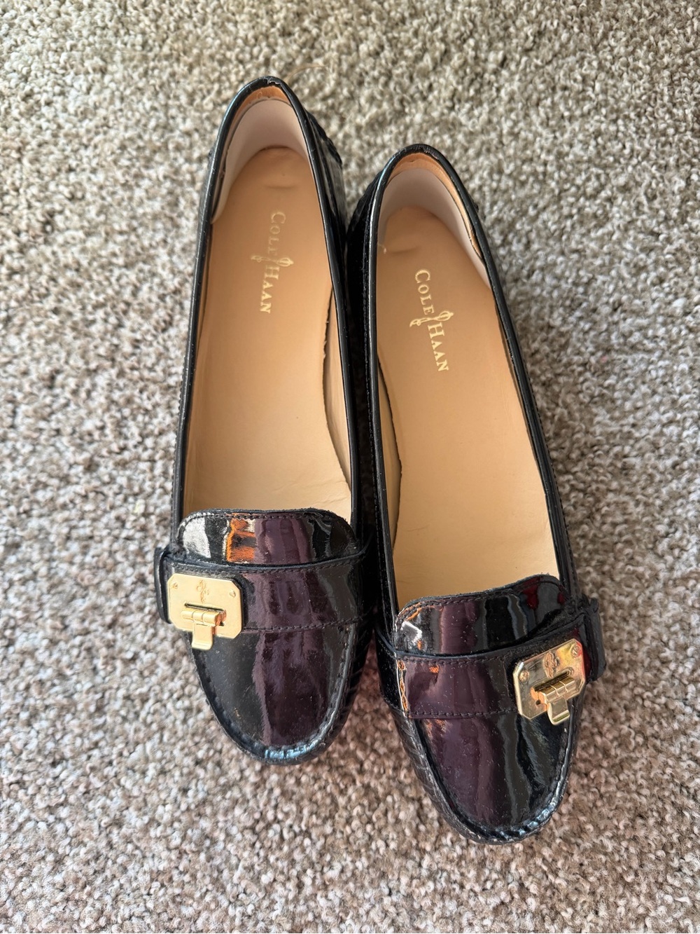 Cole Haan Black Patent Loafers with Gold Buckle Detail